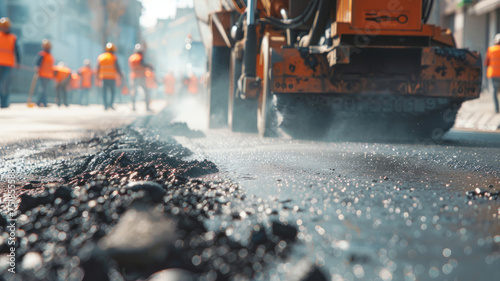 Road construction workers repairing asphalt pavement.