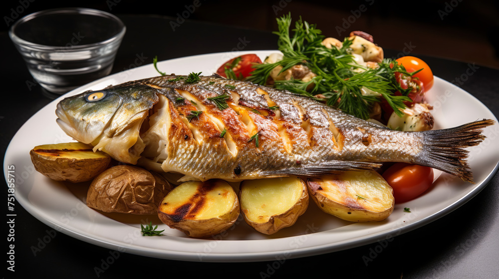 Grilled fish with baked potatoes and vegetables on a plate