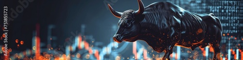 a stock market bull sculpture against a background of rising charts  symbolizing optimism and positive momentum in financial markets.