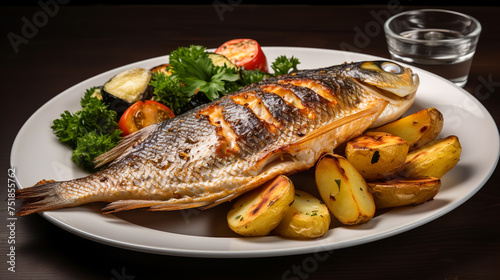 Grilled fish with baked potatoes and vegetables on a plate