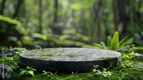 Podium background product moss stone green forest cosmetic display nature presentation. Background wood beauty product podium stand concept summer pedestal plant design template environment platform