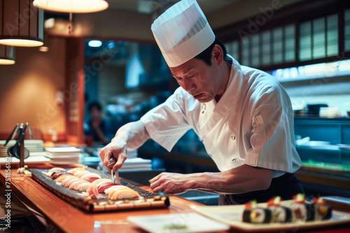 Chef preparing sushi in the kitchen of a restaurant or hotel.

