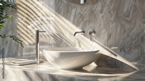 Realistic 3D render close up perspective blank empty marble counter top for product display with modern white ceramic wash basin and faucet. Morning sunlight and blind curtains shadow on granite wall