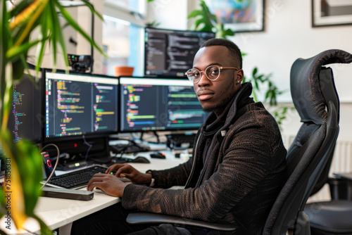 Portrait of young African-American programmer sitting at desk in software development studio 