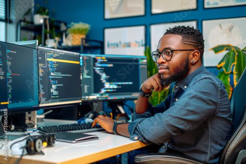 Portrait of young African-American programmer sitting at desk in software development studio 