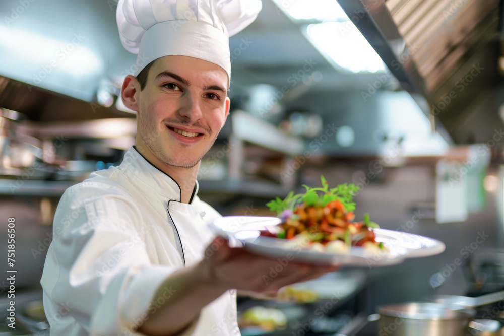 smiling young chef in apron holding plate with hamburger in restaurant kitchen
smiling young chef in apron holding plate with hamburger in restaurant kitchen