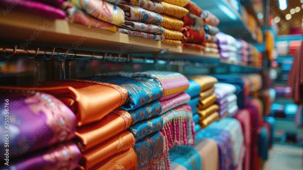 array of richly patterned traditional fabrics, their ornate designs and shimmering textures offering a feast for the senses in a fabric store