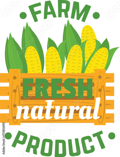 Fresh corn cobs wooden crate farm natural product label. Organic food emblem maize leaves vector illustration