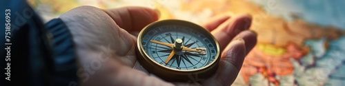  hand holding a compass over a financial chart, representing the importance of direction and strategy in wealth management. photo