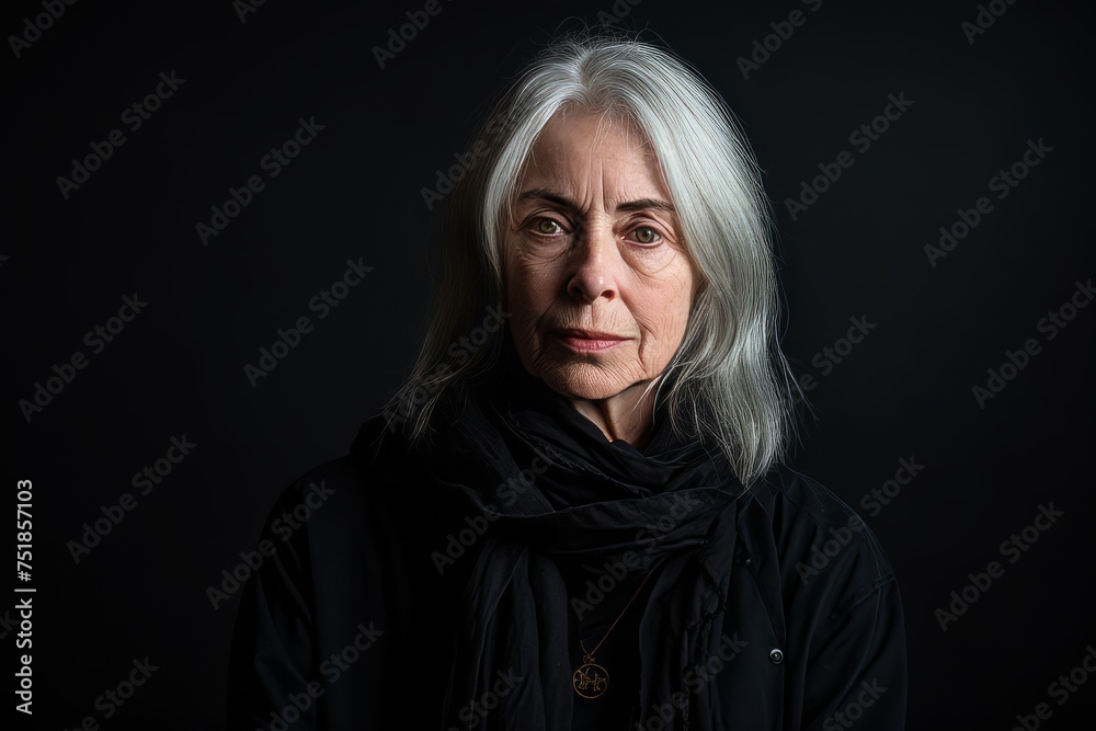 Portrait of an old woman in a black coat on a dark background