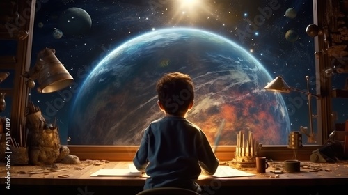 Cinematic rear view little cute boy child takes pencil. his room window sees space
