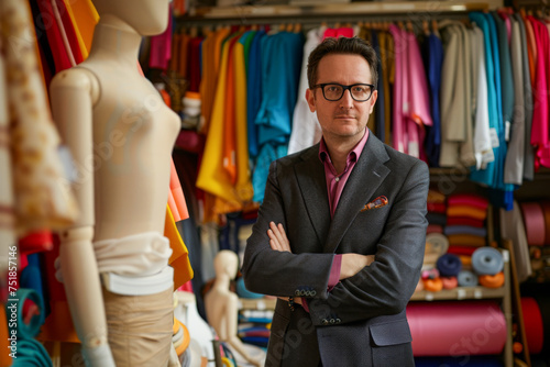 Portrait of a fashion designer standing in front of a set of colorful fabrics. 