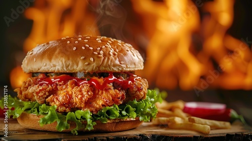 Delicious spicy fried chicken burger with burning fire on dark background photo
