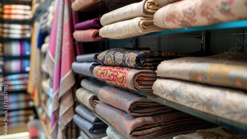 array of richly patterned traditional fabrics, their ornate designs and shimmering textures offering a feast for the senses in a fabric store