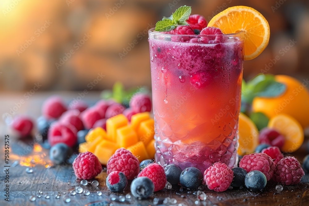 Vibrant fruit cocktail, brimming with fresh berries and a hint of mint alongside sliced oranges on a rustic wooden surface Vibrant fruit cocktail, brimming with fresh berries and a hint of mint alongside sliced oranges on a rustic wooden surface