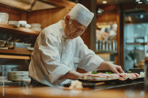 Chef preparing sushi in the kitchen of a restaurant or hotel.
