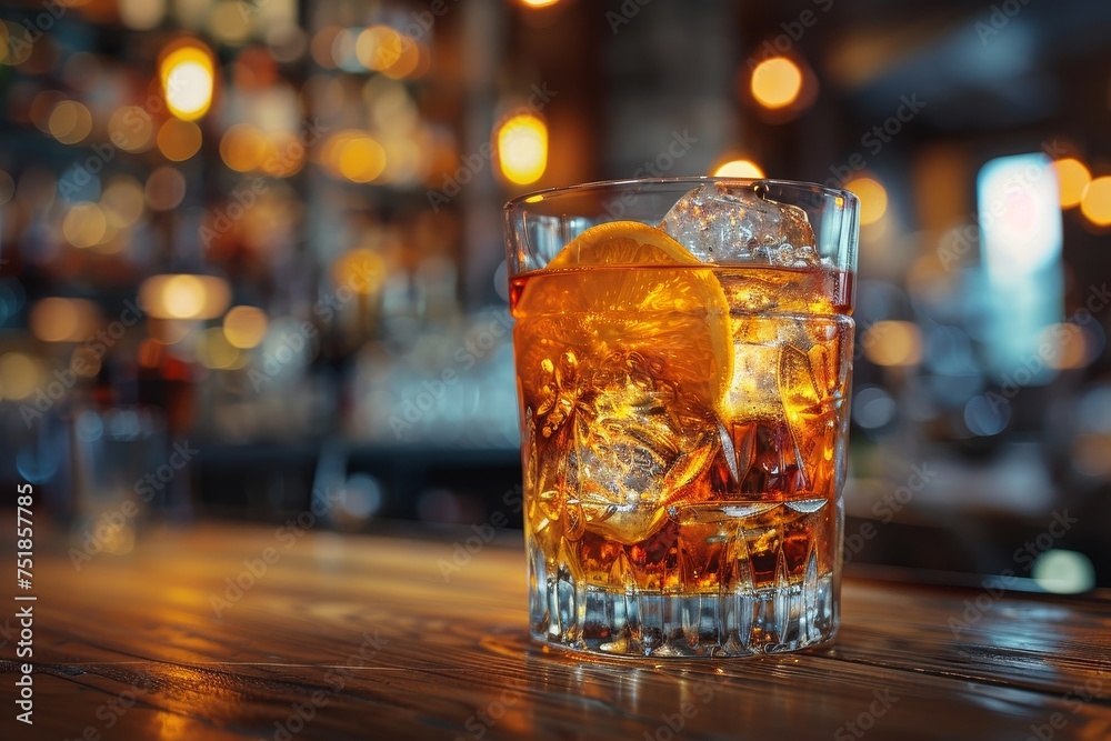 Perfectly chilled glass of whiskey with ice and a slice of orange on a wooden bar counter Perfectly chilled glass of whiskey with ice and a slice of orange on a wooden bar counter