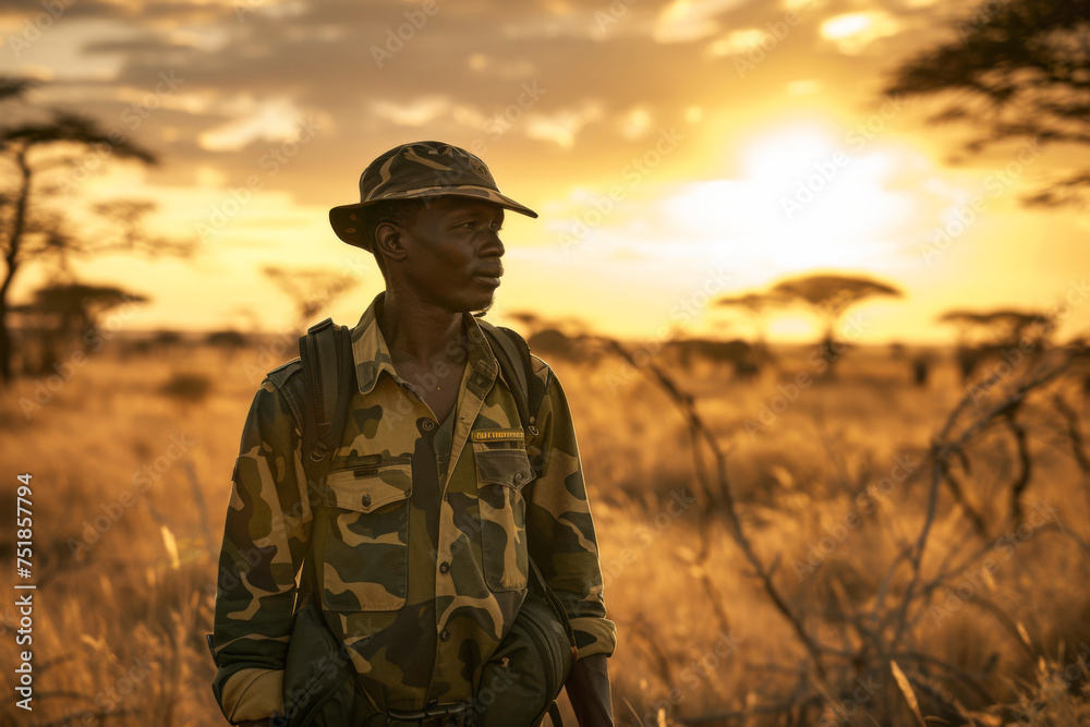Young African American male ranger with backpack and cap in the savannah