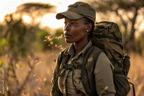 Young African American female ranger with backpack and cap in the savannah 