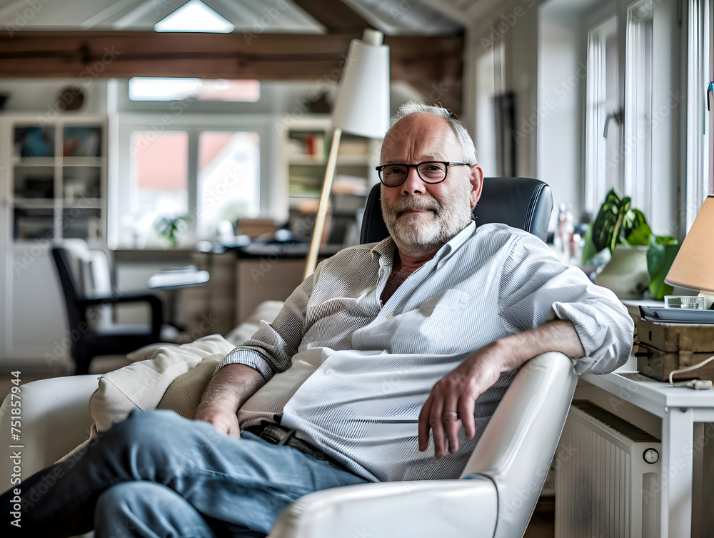 Portrait of a mature experienced senior businessman taking a break in her chair in his home office