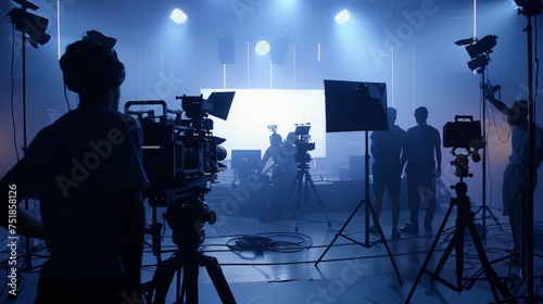 Behind the shooting production crew team and silhouette of camera and equipment in studio