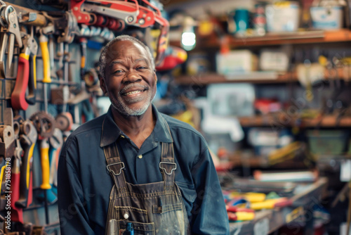 Senior man in a hardware store smiling happily at the camera with a smile
