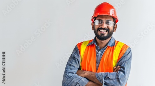 Construction worker, engineer and studio portrait of happy man in vest and helmet for safety on white background.