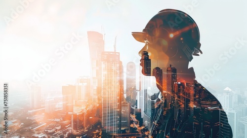 Double exposure image, Man engineer overlay with building architecture urban cityscape.