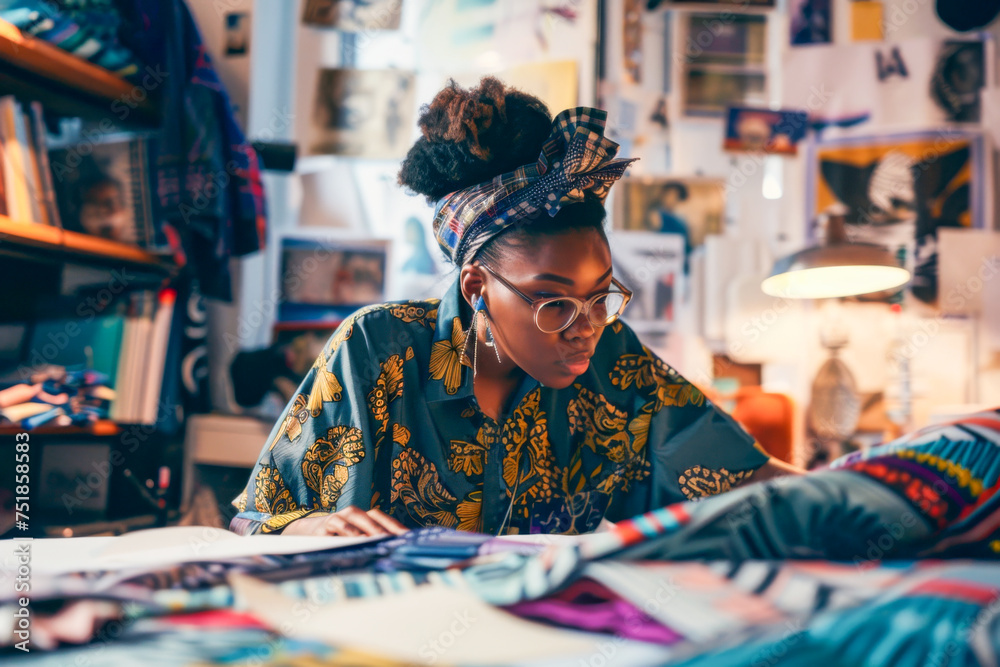 Young African American fashion designer working at her desk in her studio.
Young African American fashion designer working at her desk in her studio.