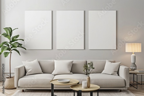 three isolated art canvas in living room for mockup. Sofa, table, lamp and plant in room. © mominita