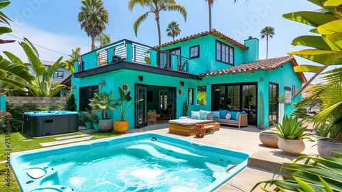 A bright turquoise craftsman house  with a backyard including a luxurious hot tub and tropical palm trees.
