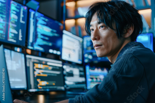 Portrait of a handsome Asian businessman working on computer at night
