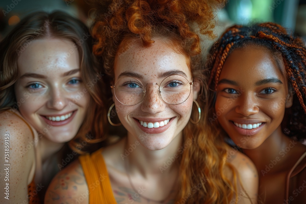 An engaging trio of women laugh and smile together in a cozy café atmosphere showing camaraderie