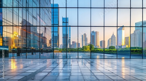 Office building glass and city skyline