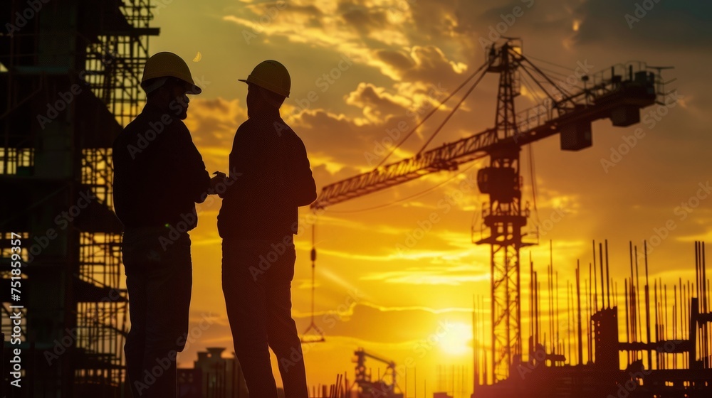 Silhouette of Engineer and worker on building site, construction site at sunset in evening time.