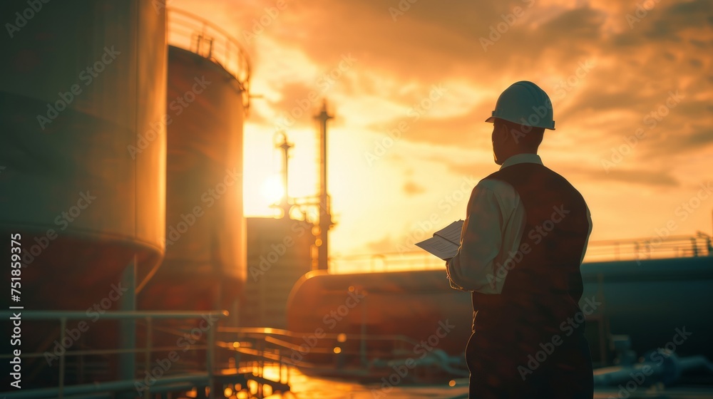 Silhouette of Engineer under inspection and checking oil storage tank