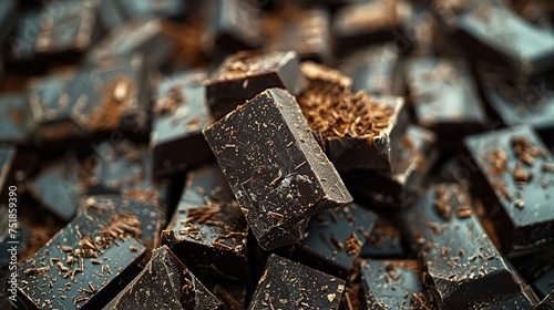Composition of bars and pieces of different milk and dark chocolate, grated cocoa