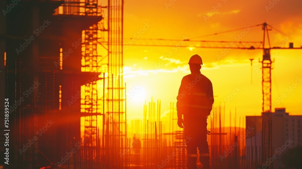 Silhouette Teams engineer looking construction worker in a building site at sunset