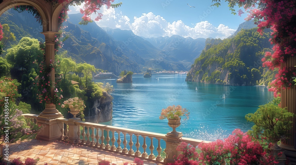 a balcony overlooking a lake with mountains in the background