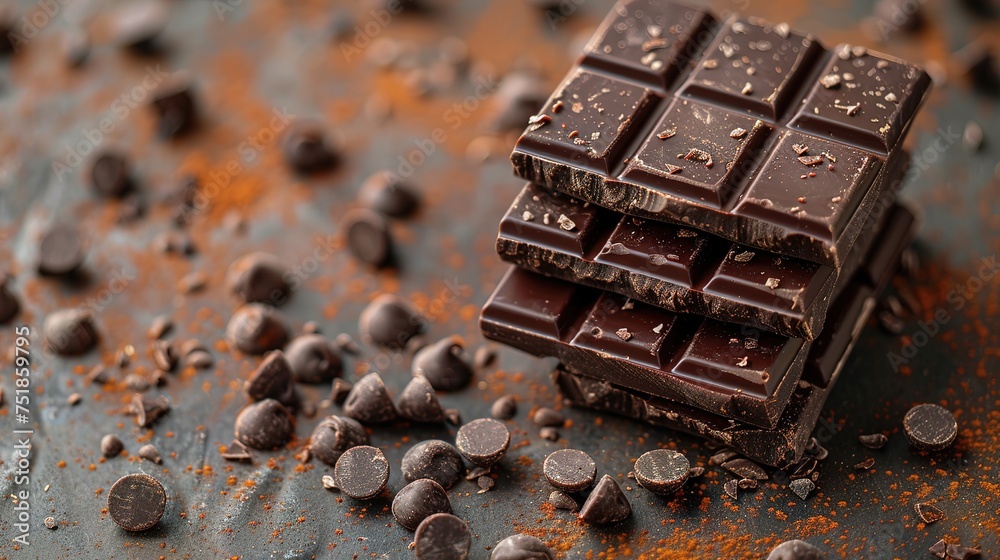 Composition of bars and pieces of different milk and dark chocolate, grated cocoa Composition of bars and pieces of different milk and dark chocolate, grated cocoa