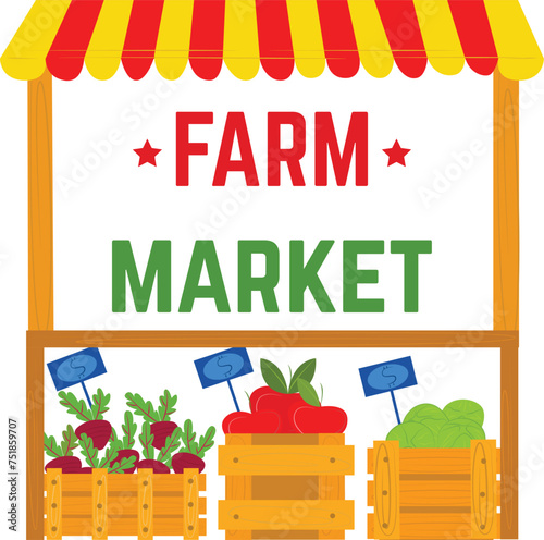 Colorful farm market stall fresh vegetables wooden crates. Local produce stand beets, tomatoes, lettuce vector illustration