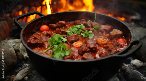 Kettle goulash is prepared over an open fire