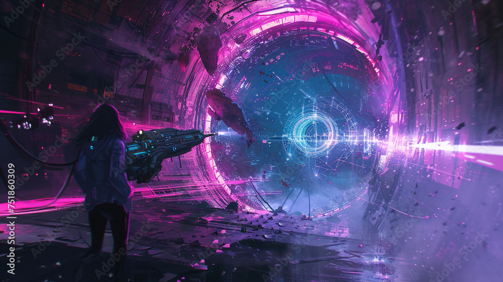 A derelict spaceship interior, the girl in alien blue, brandishing a laser cannon, surrounded by flickering holographic displays. - obrazy, fototapety, plakaty 