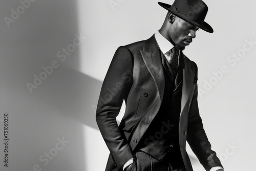 Handsome african american man in elegant suit and hat. Fashion shot. 