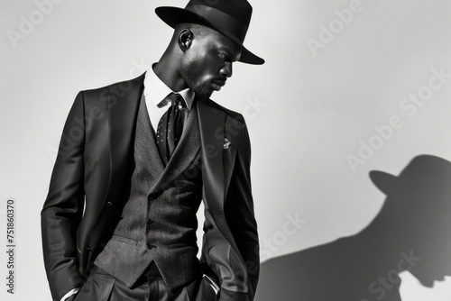 Handsome african american man in elegant suit and hat. Fashion shot. 