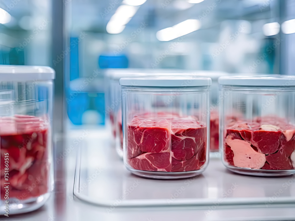 Concept of meat cultured from animal somatic cells. Meat sample in the disposable plastic container in modern laboratory. Concept of meat cultured from animal somatic cells. Meat sample in the disposable plastic container in modern laboratory.