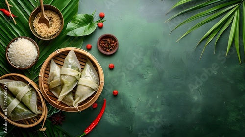 Zongzi, steamed rice dumplings on green table background, food in dragon boat festival duanwu concept, close up, copy space, top view, flat lay