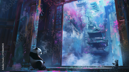A panda in a fantastical sky city, cigar smoke trailing like wisps of clouds, and the wall painted in shades of celestial azure. photo
