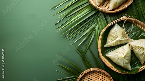 Zongzi, steamed rice dumplings on green table background, food in dragon boat festival duanwu concept, close up, copy space, top view, flat lay