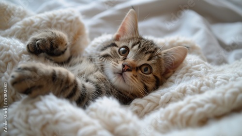 Cute tabby kitten sleep on white soft blanket. Cats rest napping on bed. Comfortable pets sleep